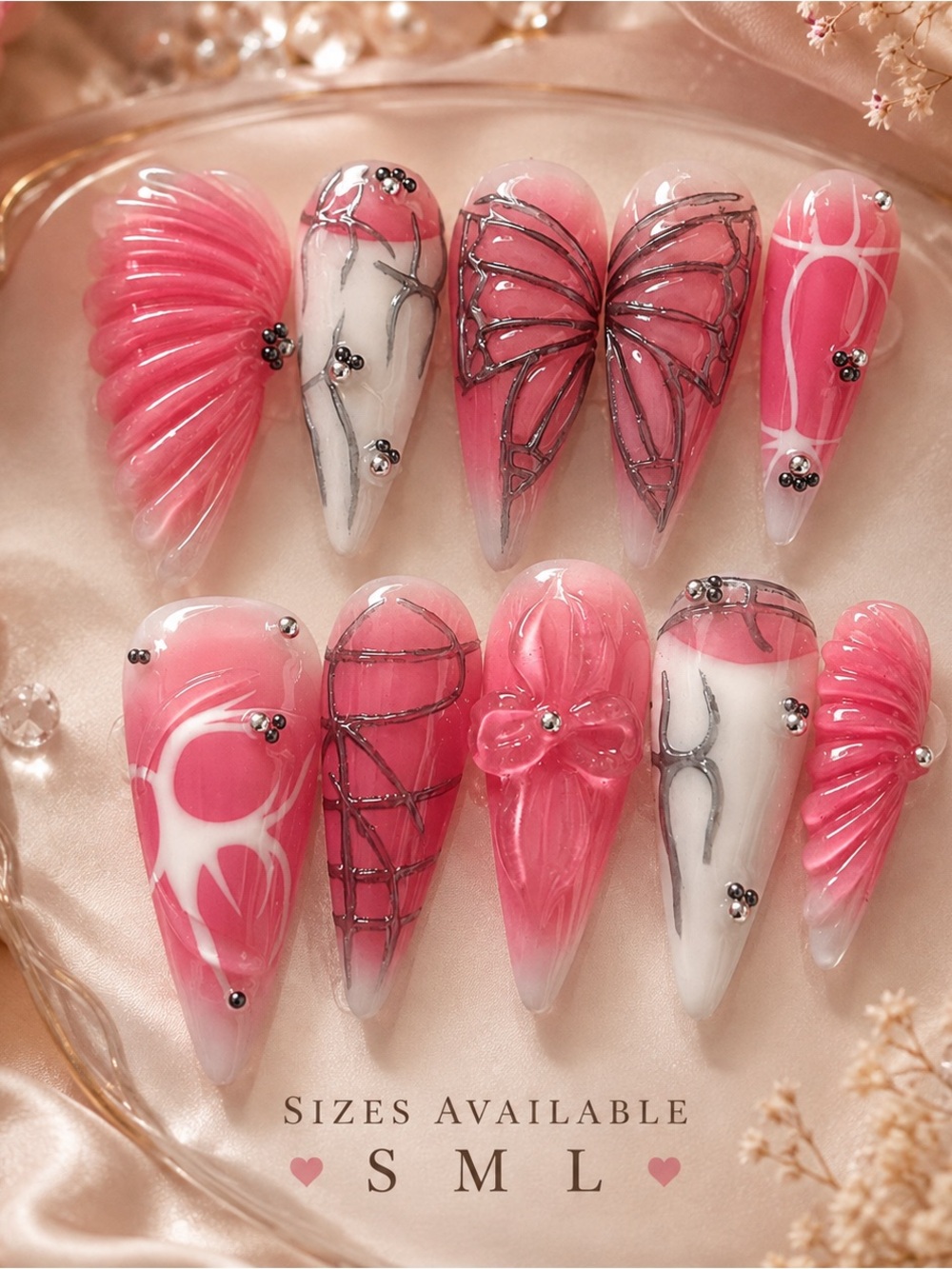 Pink Butterfly & Bow Press-On Nail Set — Women Makeup